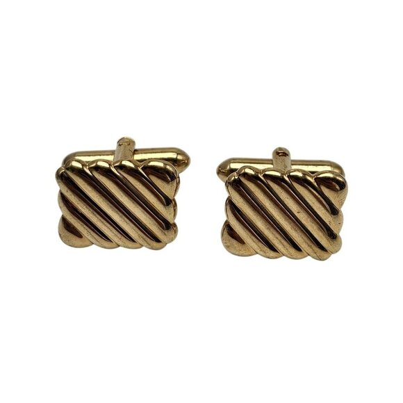 Gold-Toned Square Cufflinks With Diagonal Stripes Modernist Design - Picture 1 of 4